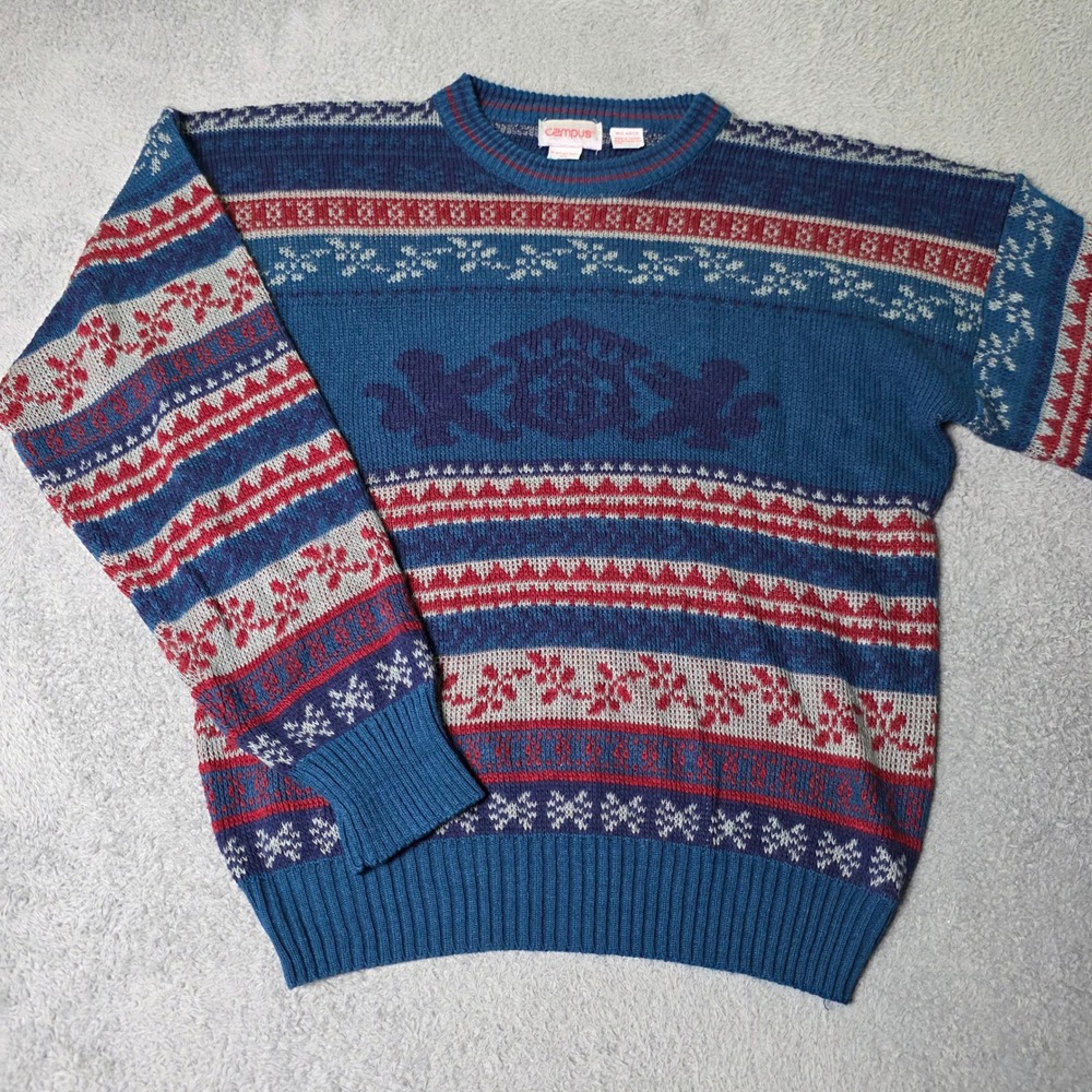 Campus Mens XL Sweater Blue Fair Isle Nordic Knit Crewneck Vintage 80s 90s
